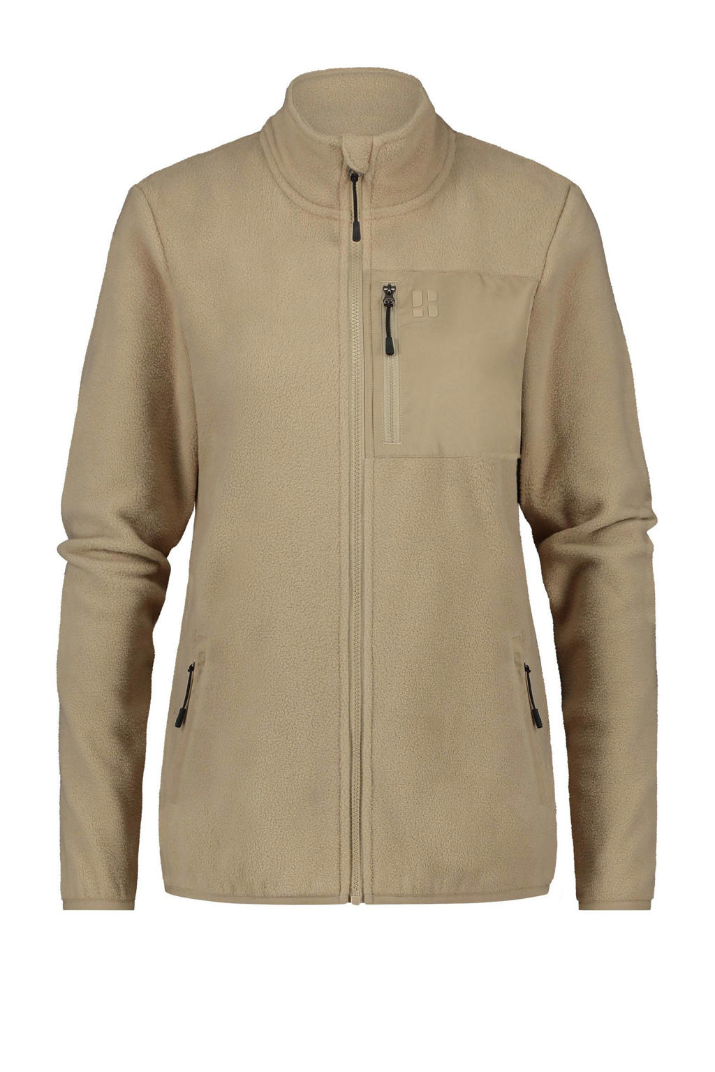 Beige dames Poederbaas fleece vest Four Seasons met effen, lange mouwen en opstaande kraag