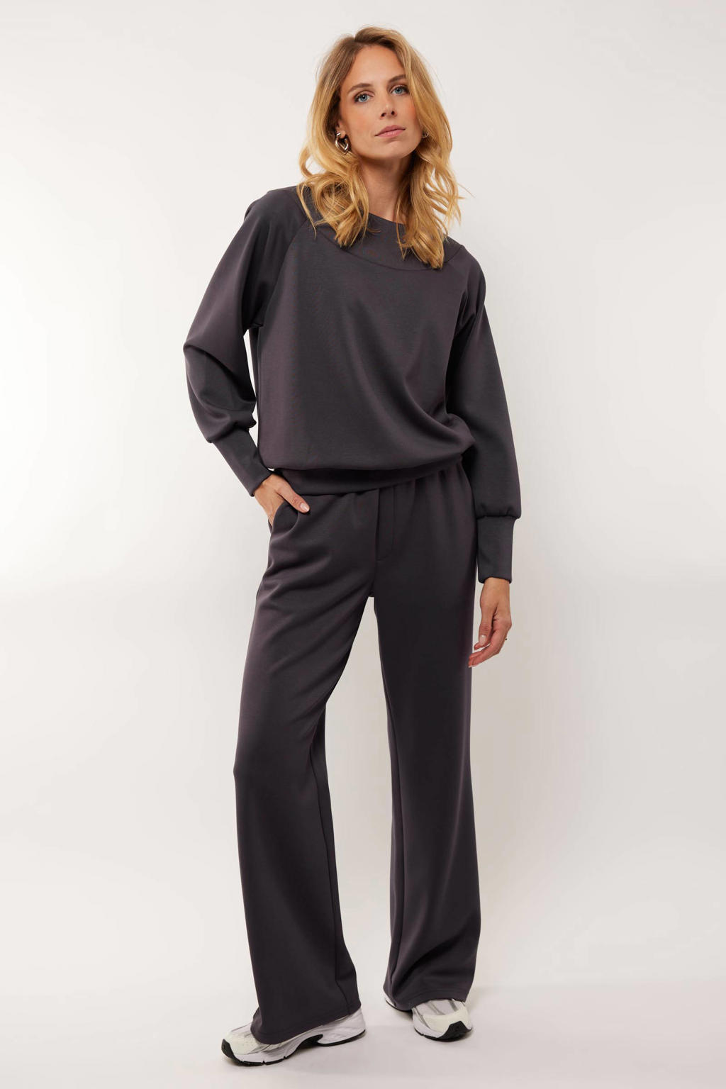 Antraciete dames G-maxx low waist wide leg broek van polyester met elastische tailleband en effen
