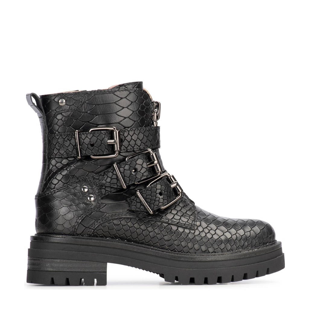 Zwarte meisjes Poelman Monk leren enkelboots met ritssluiting en crocoprint