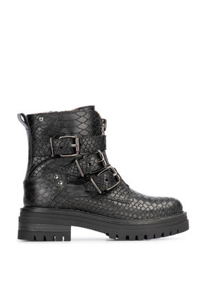 Monk  leren enkelboots met crocoprint zwart