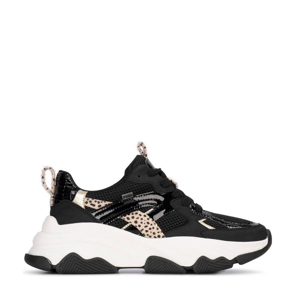 Zwarte dames POSH by Poelman Gigi chunky sneakers van synthetisch materiaal met veters