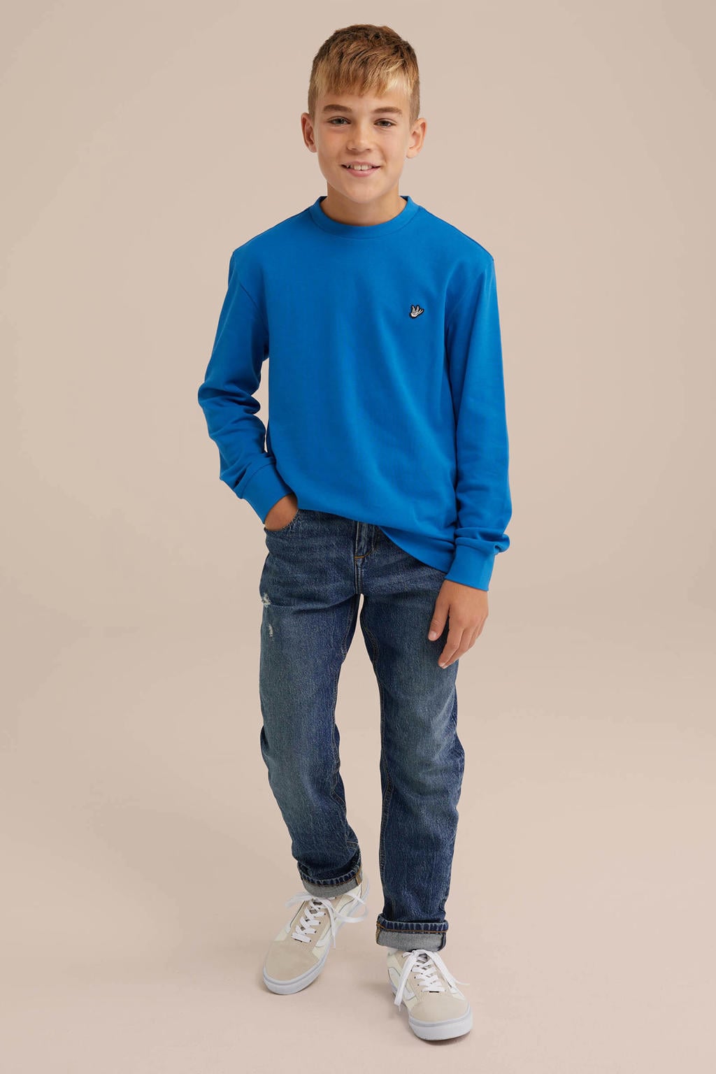 Blauwe jongens WE Fashion Longsleeve van katoen met effen, lange mouwen en ronde hals