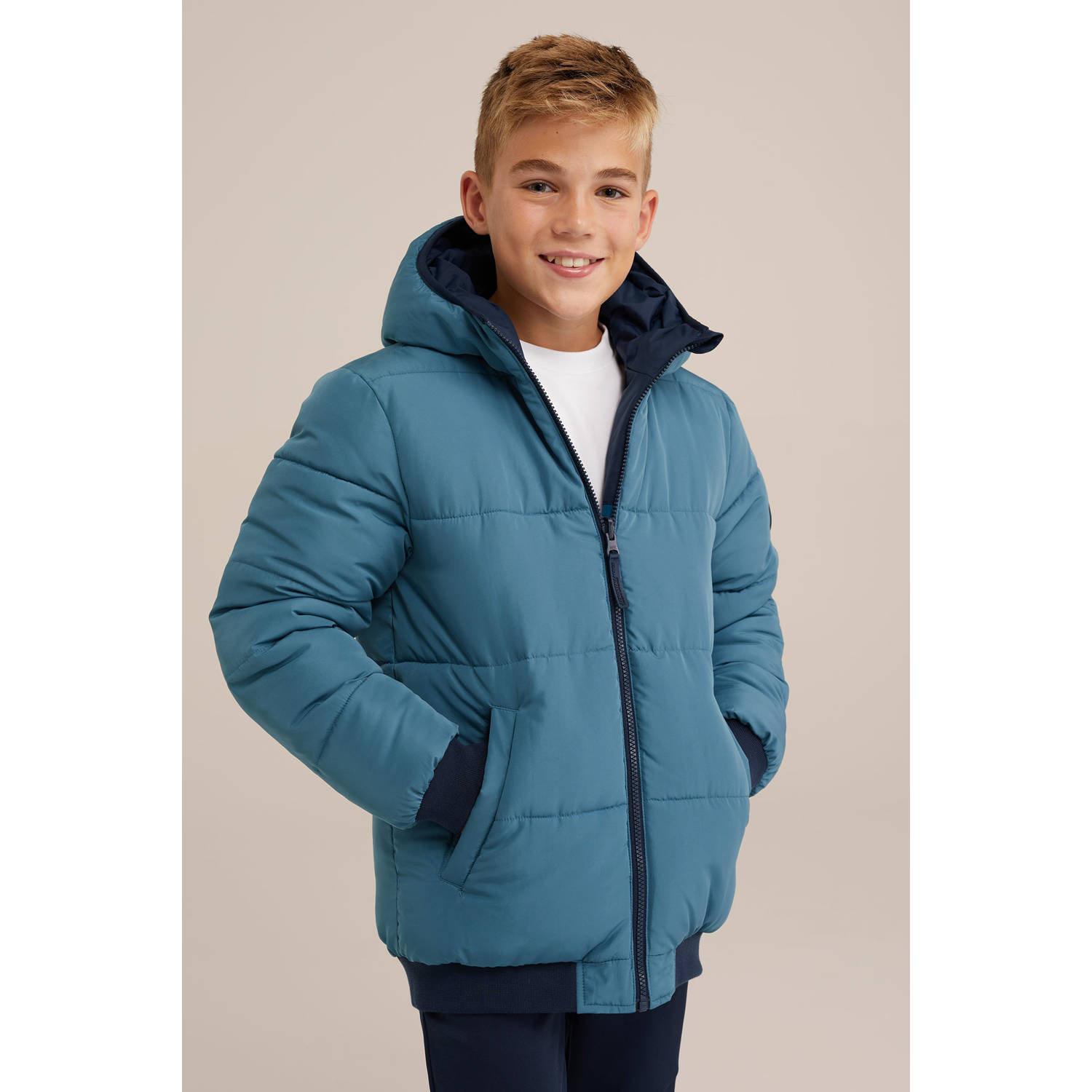 WE Fashion reversible gewatteerde winterjas blauw donkerblauw lichtblauw