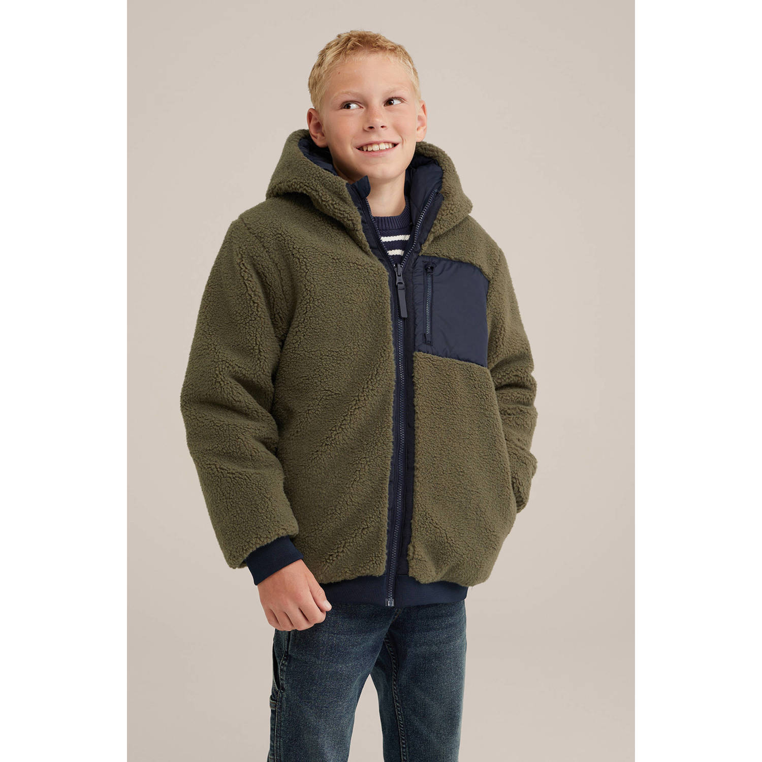 WE Fashion gewatteerde winterjas donkerblauw olijfgroen
