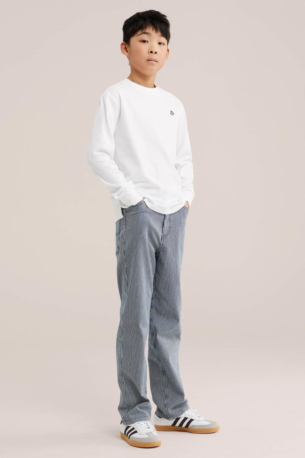 Witte jongens WE Fashion longsleeve van katoen met effen, lange mouwen en ronde hals