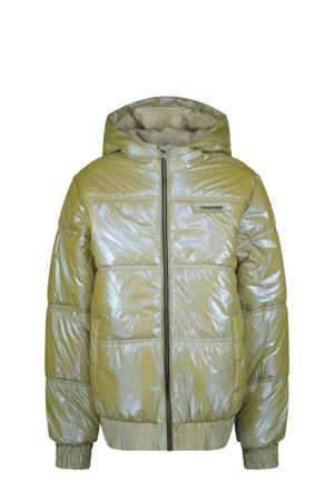 gewatteerde winterjas Timbly met all over print limegroen