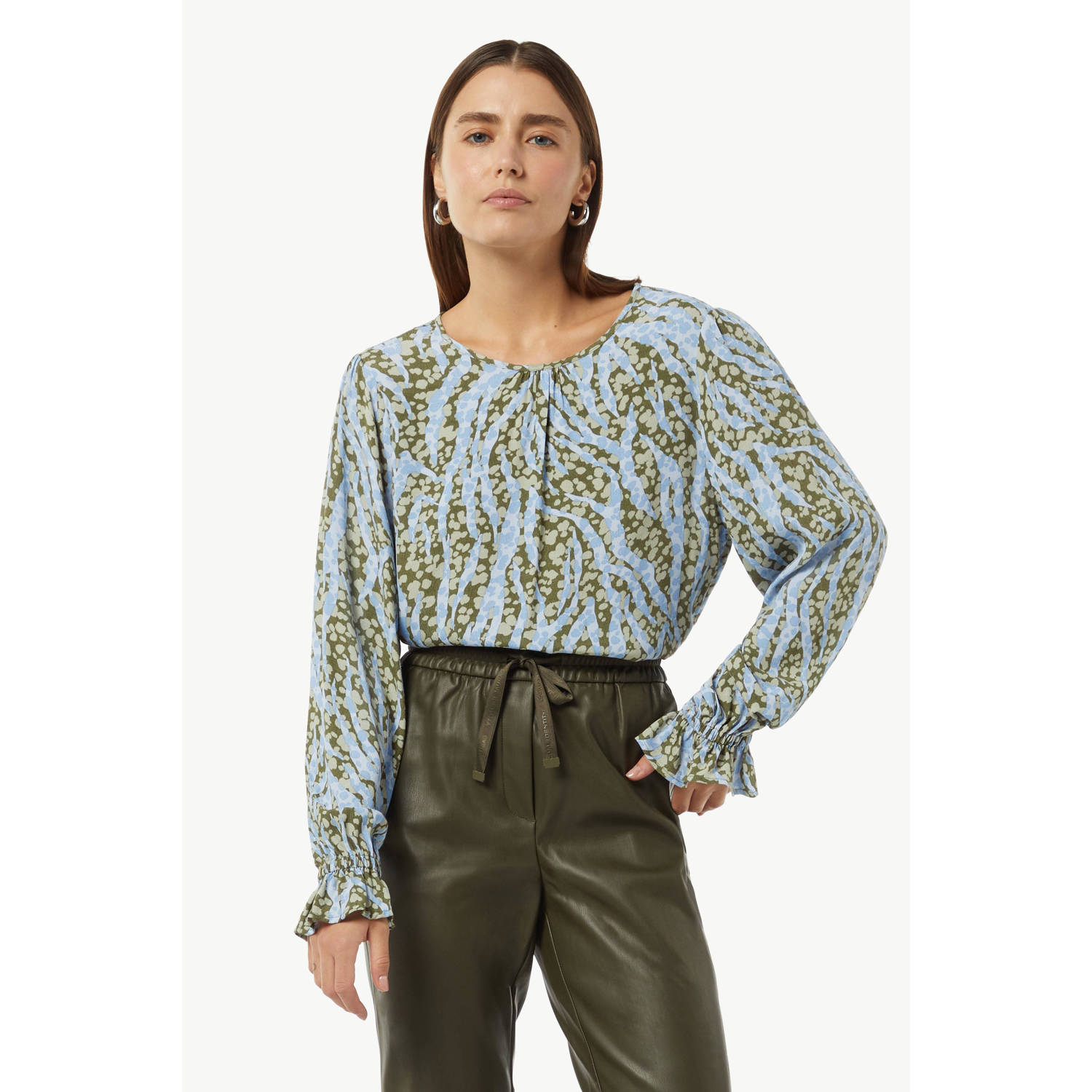 Comma casual identity geweven top met all over print en ruches groen lichtblauw