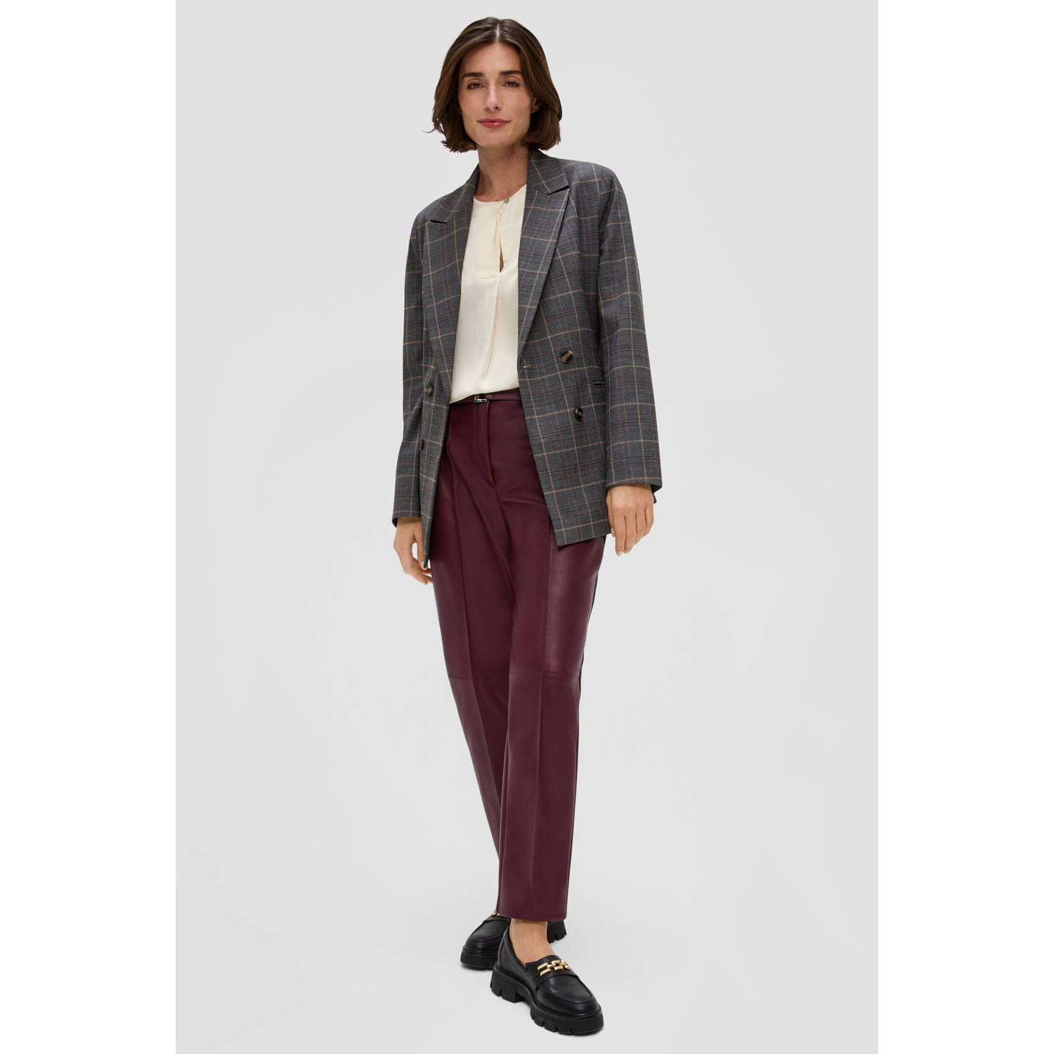 s.Oliver BLACK LABEL imitatieleren high waist regular fit broek donkerpaars