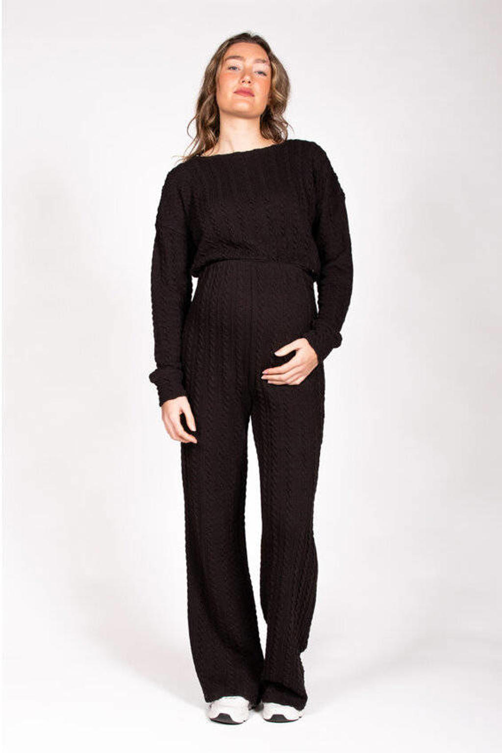 Zwarte dames LOVE2WAIT flared zwangerschapsbroek van katoen met regular waist, elastische tailleband en effen