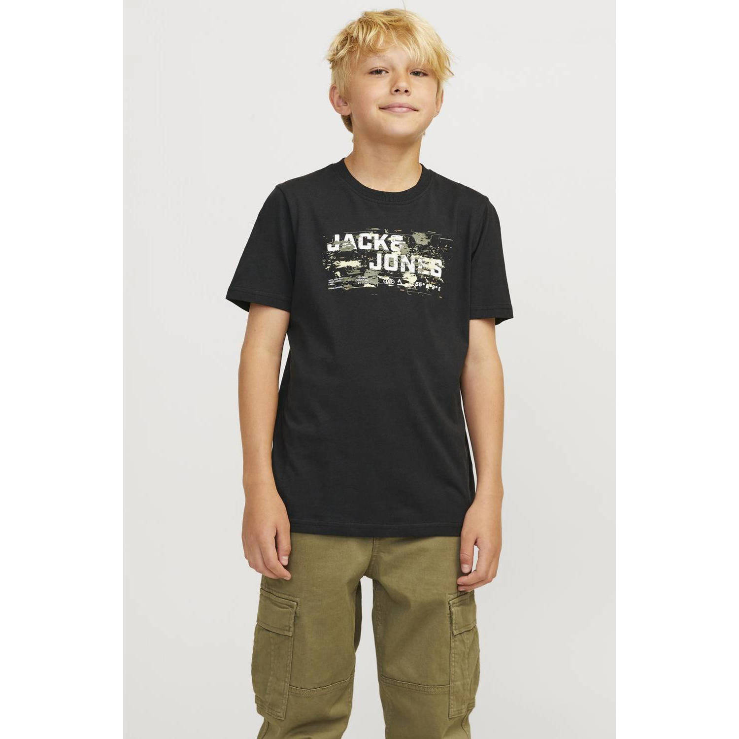Jack & jones JUNIOR T-shirt met printopdruk zwart Jongens Katoen Ronde hals 128