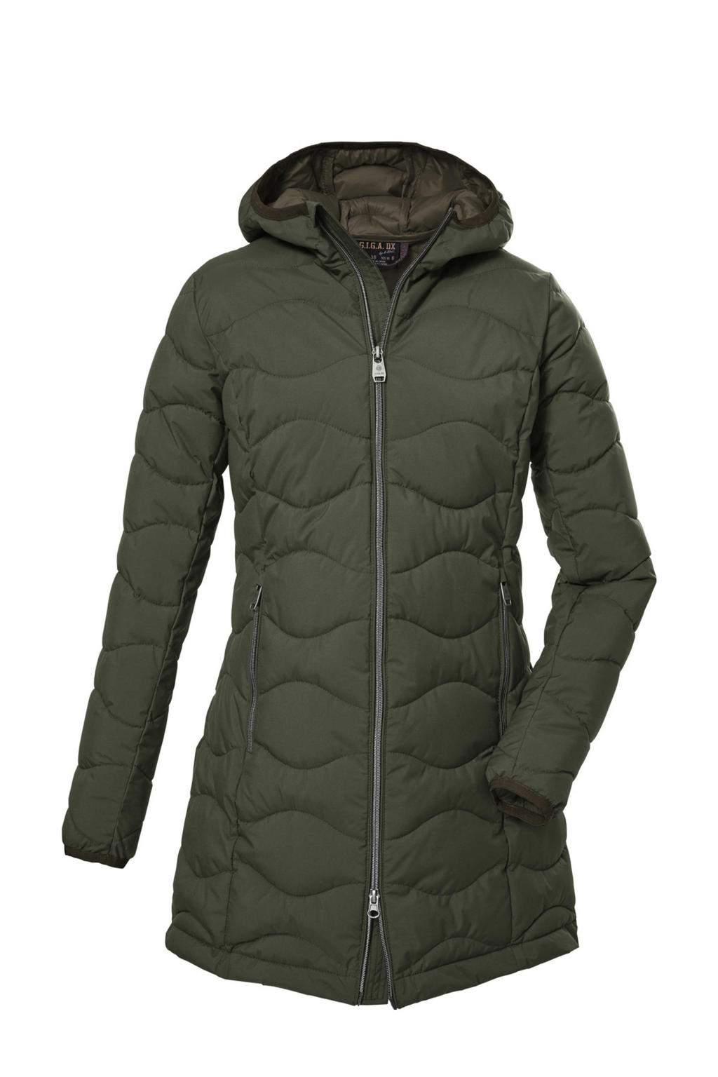 Olijfgroene dames G.I.G.A. DX outdoor jas van polyester met lange mouwen, capuchon en 2-way rits