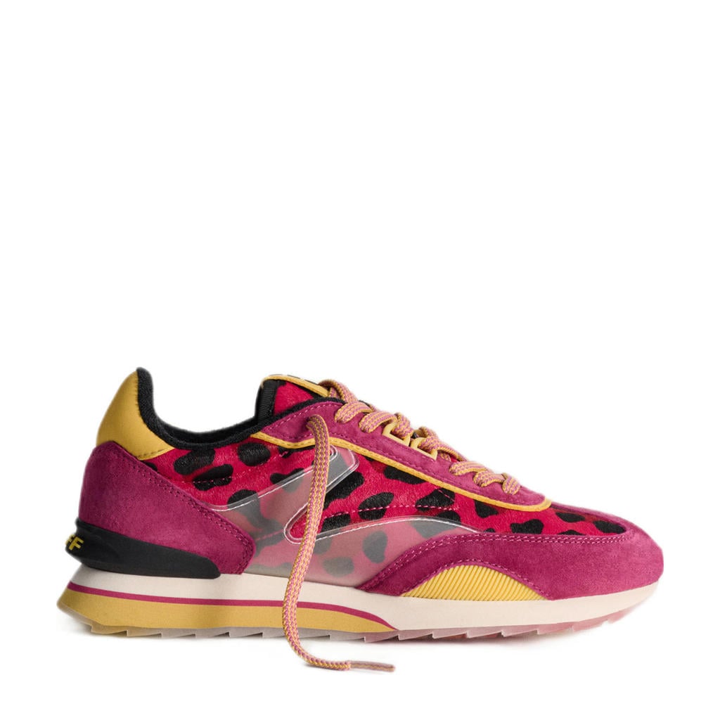 Rood en gele dames HOFF Art Pink Lady leren sneakers met veters en panterprint
