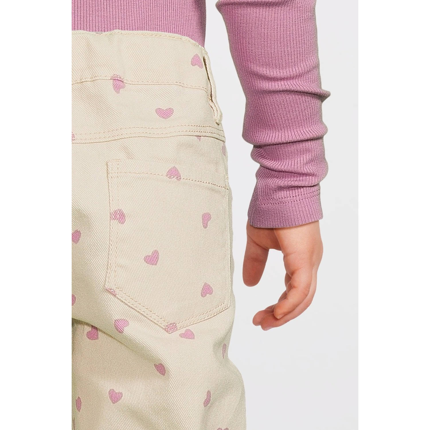 NAME IT MINI regular fit broek NMFROSE met hartjes ecru roze