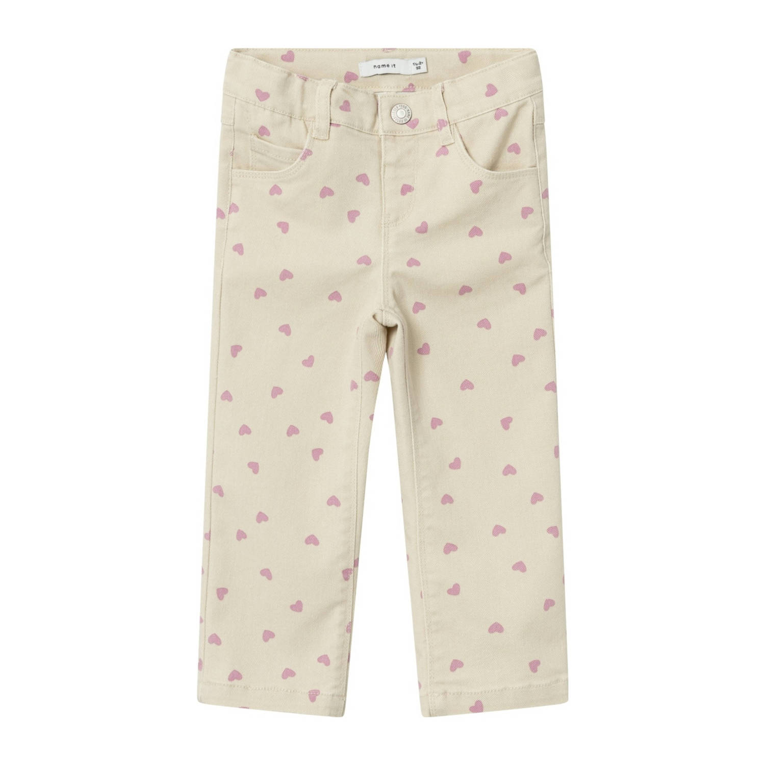 Name it MINI regular fit broek NMFROSE met hartjes ecru roze Meisjes Katoen 122