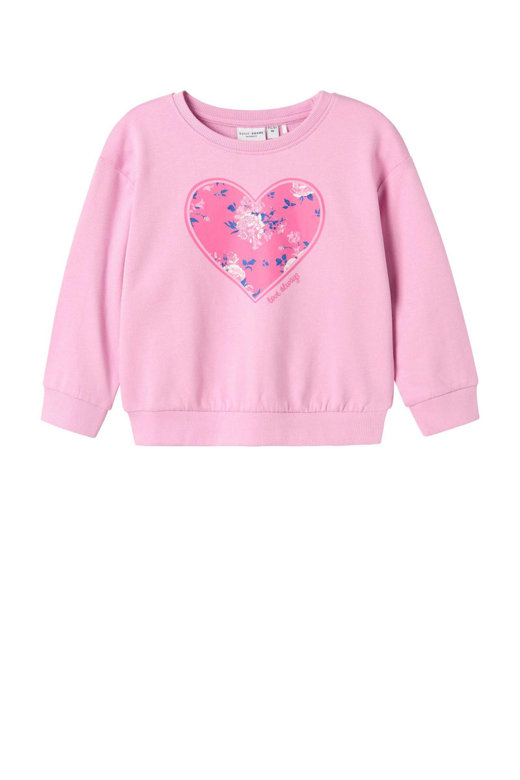 Roze meisjes NAME IT MINI sweater met printopdruk, lange mouwen, ronde hals en geribde boorden