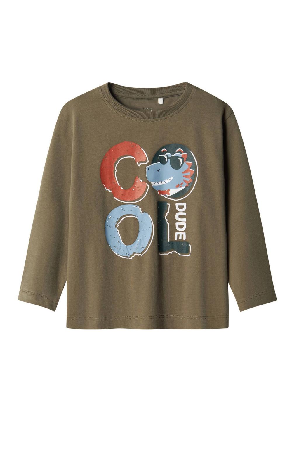 Olijfgroene jongens NAME IT MINI longsleeve van katoen met printopdruk, lange mouwen en ronde hals