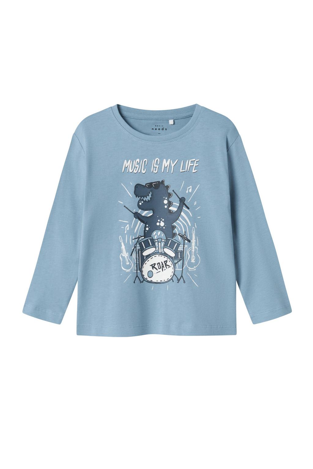 Blauwe jongens NAME IT MINI longsleeve van katoen met printopdruk, lange mouwen en ronde hals