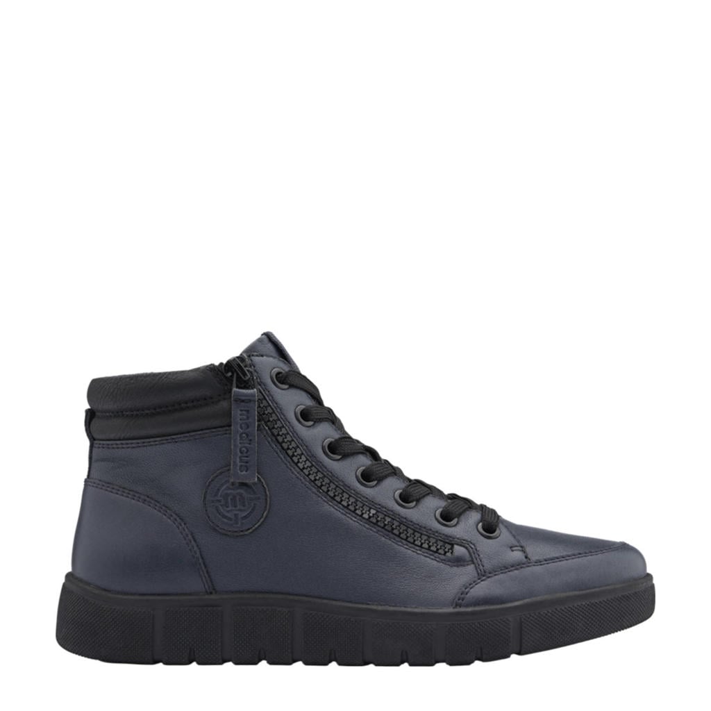Donkerblauwe dames Medicus comfort leren sneakers met rits- en vetersluiting