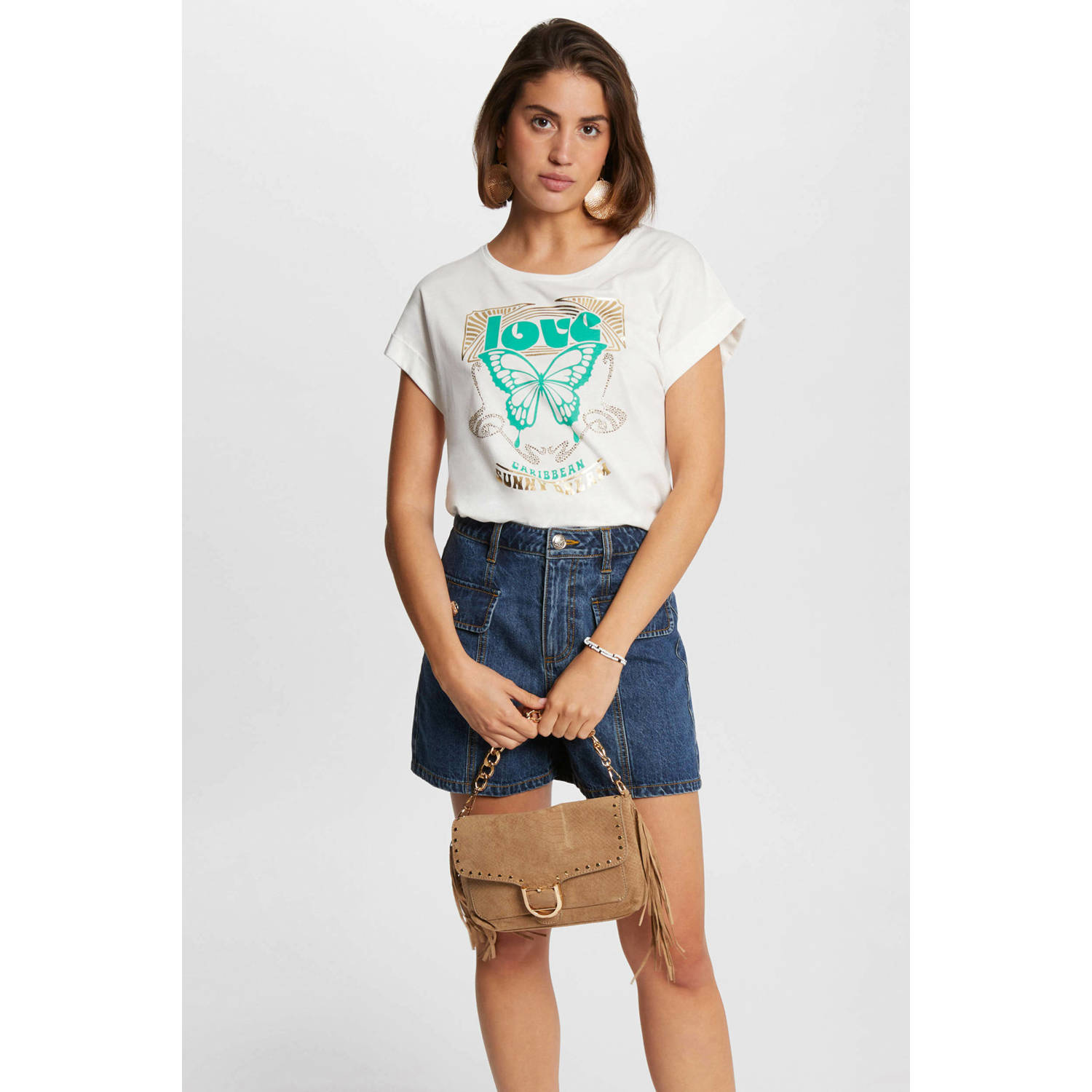 Morgan T-shirt met printopdruk ecru turquoise