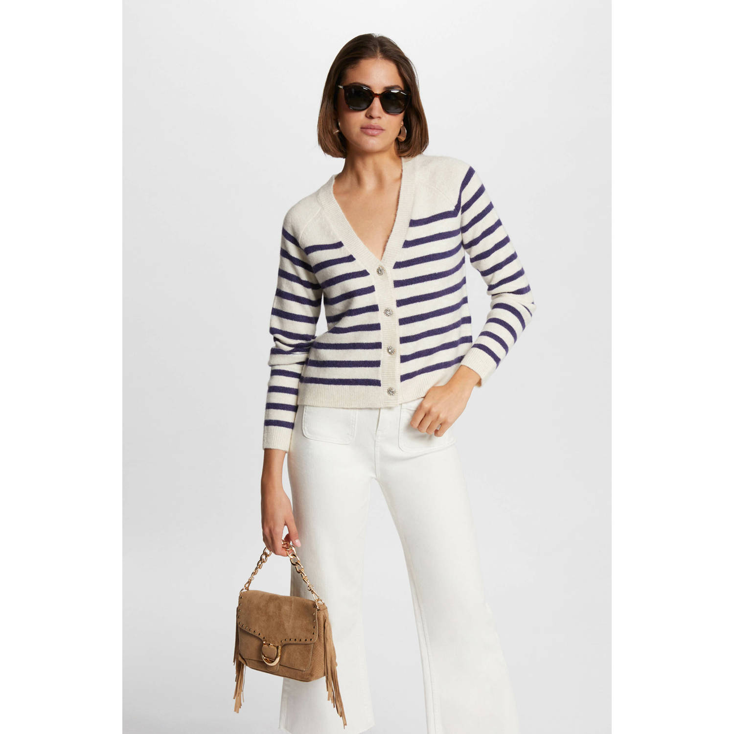 Morgan gestreept vest met wol ecru donkerblauw