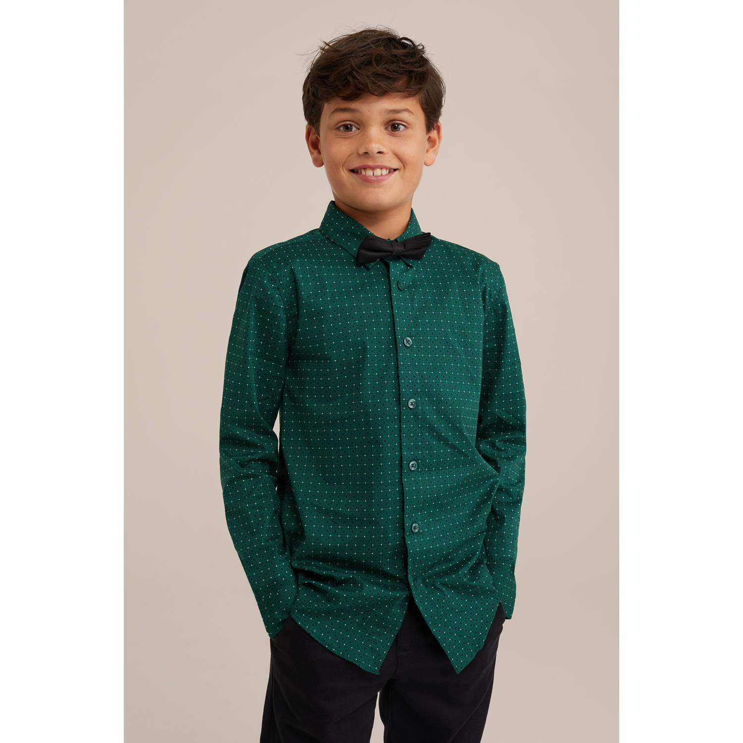 WE Fashion overhemd met vlinderstrik donkergroen wit zwart