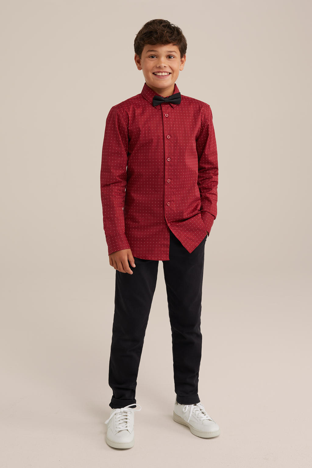 Rode jongens WE Fashion overhemd van katoen met lange mouwen, klassieke kraag en knoopsluiting