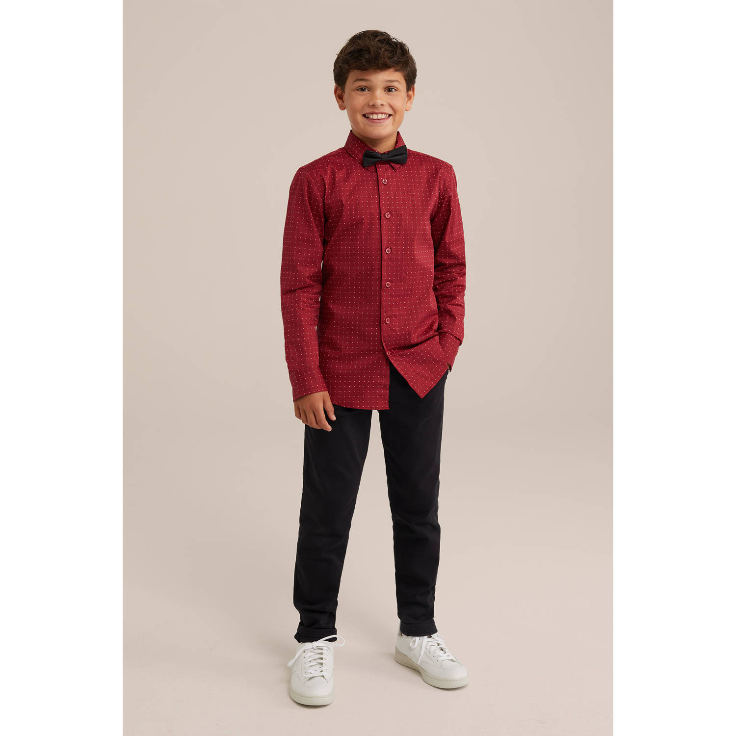 WE Fashion overhemd met vlinderstrik rood wit zwart