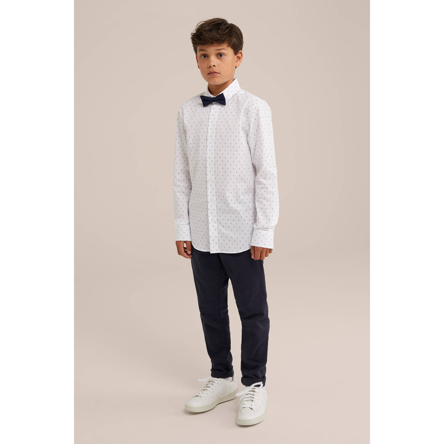 WE Fashion overhemd met strik wit donkerblauw