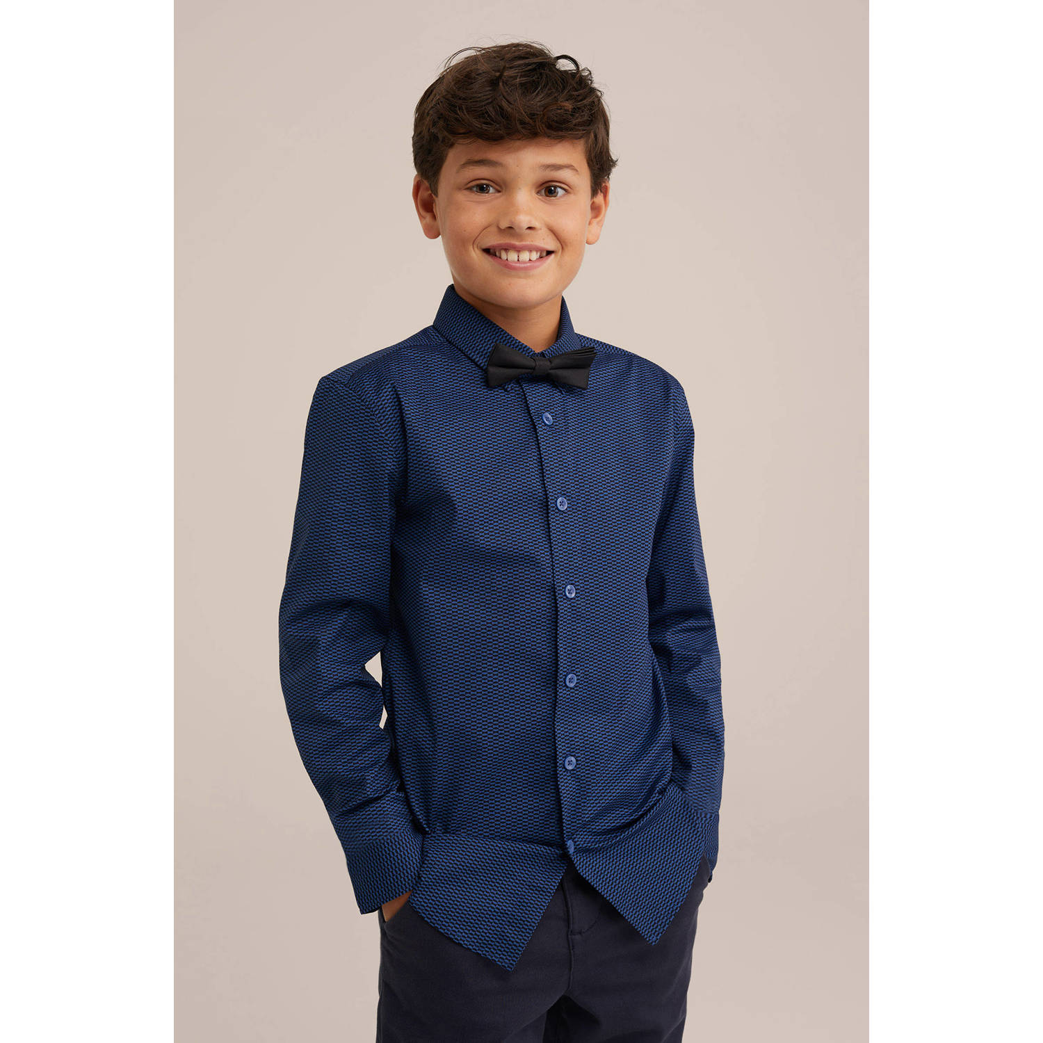 WE Fashion overhemd met vlinderstrik donkerblauw zwart