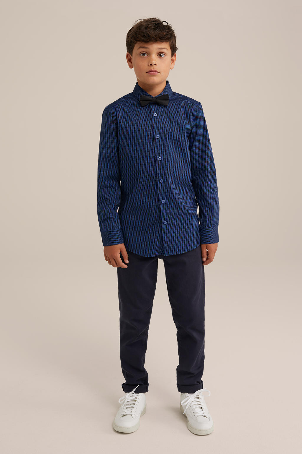 Blauwe jongens WE Fashion overhemd van katoen met lange mouwen, klassieke kraag en knoopsluiting