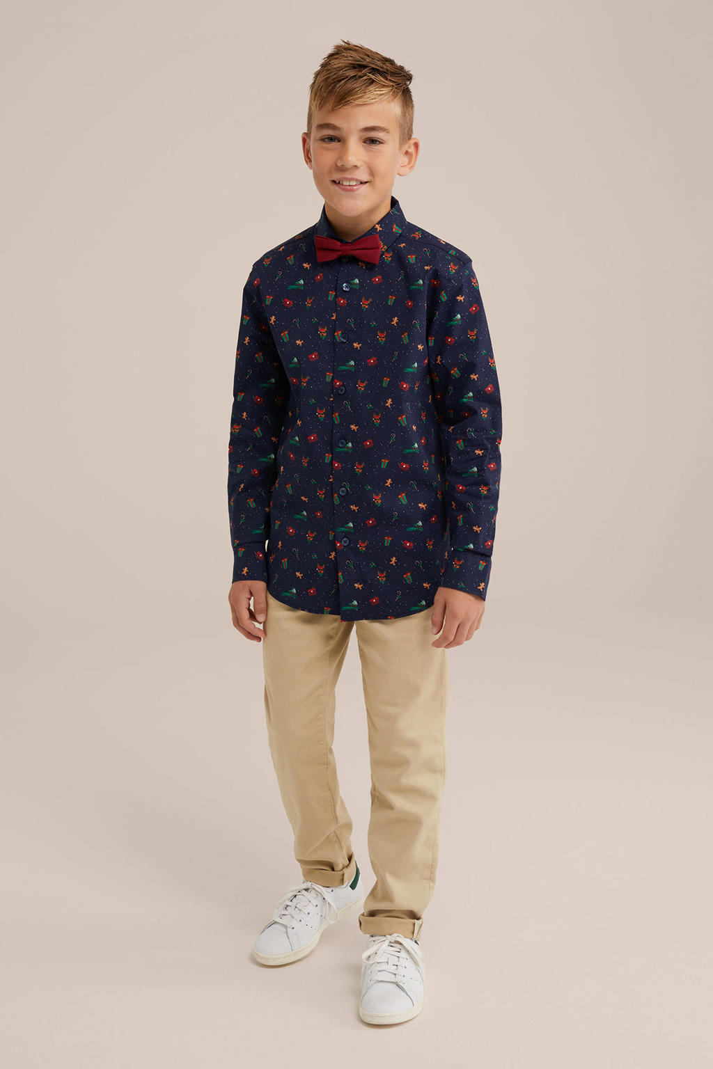 Blauwe jongens WE Fashion overhemd color van katoen met lange mouwen, klassieke kraag en knoopsluiting
