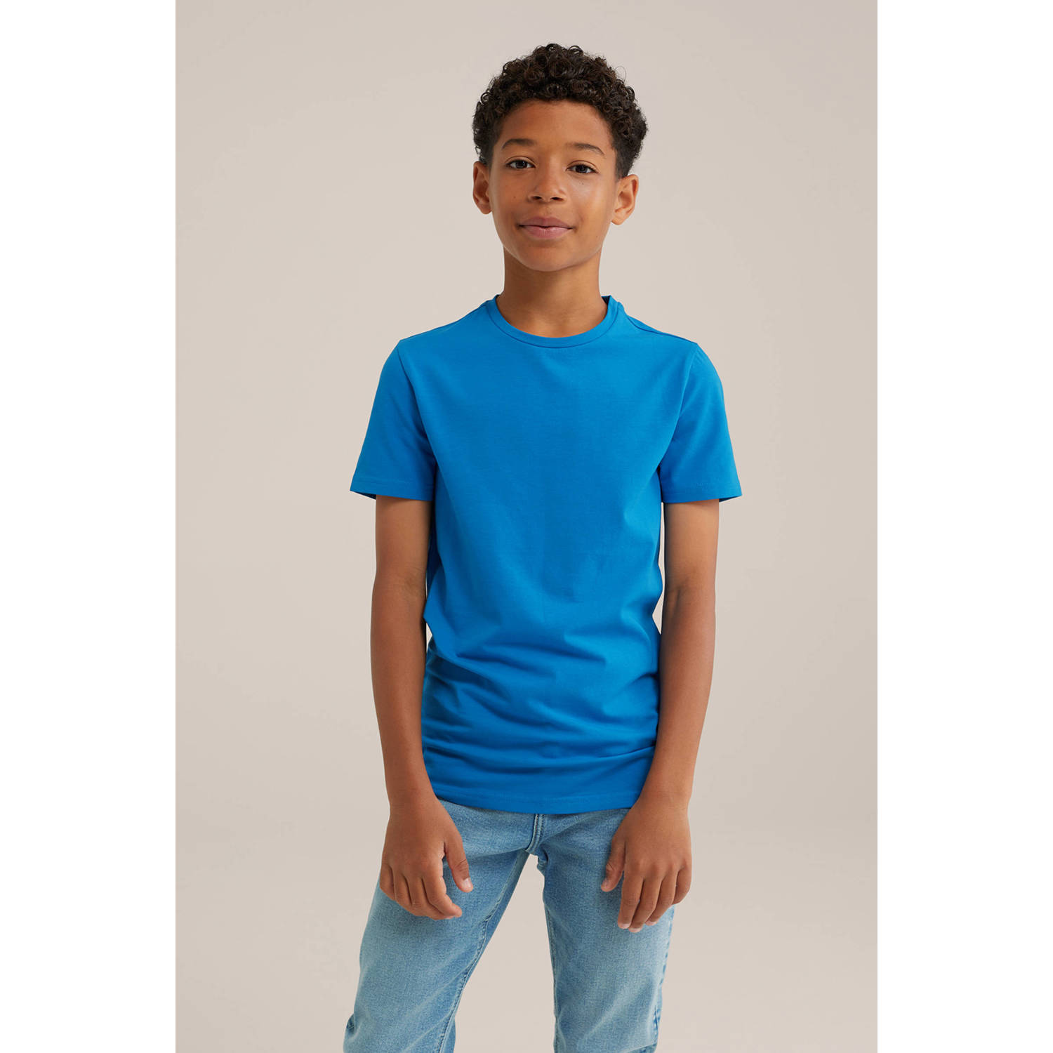 WE Fashion T-shirt Blauw Jongens Stretchkatoen Ronde hals Effen 146 152