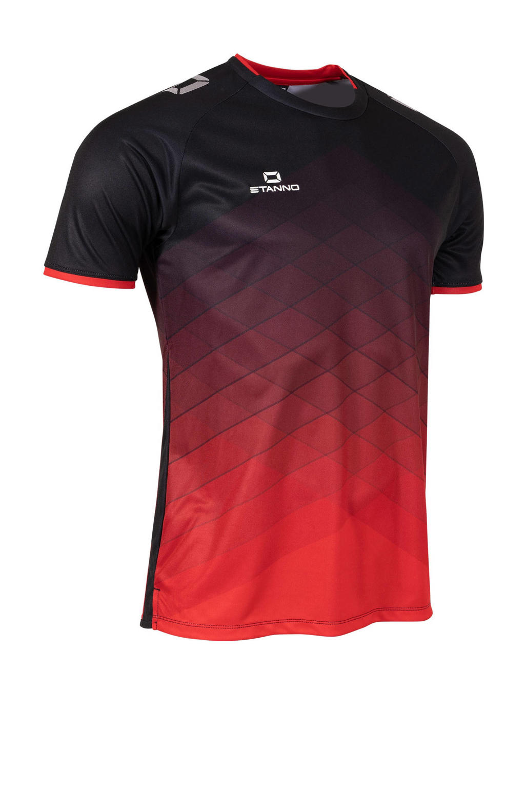 Zwart en rode jongens en meisjes Stanno junior voetbalshirt Altius van polyester met korte mouwen en ronde hals