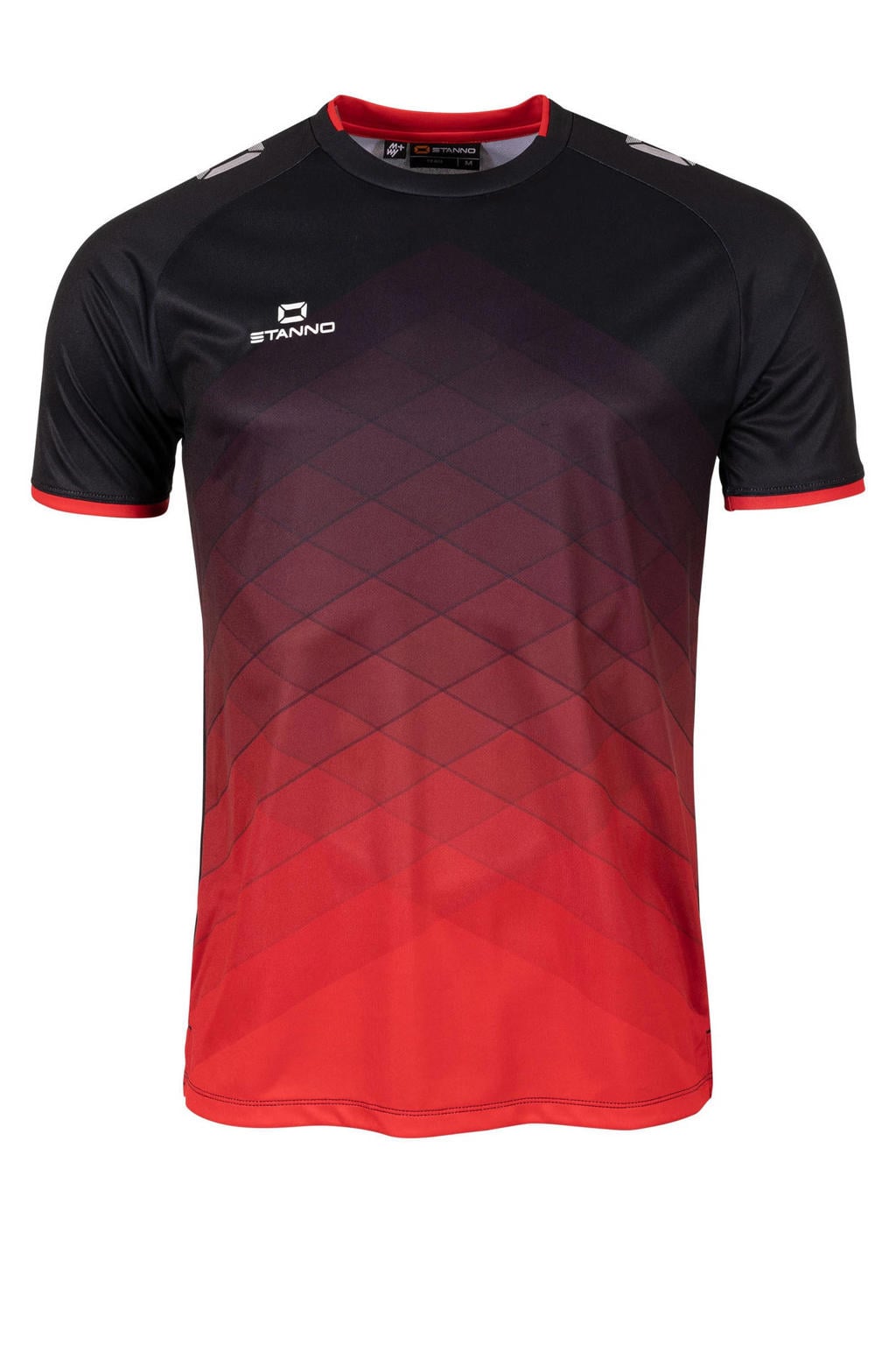 Zwart en rode heren Stanno senior voetbalshirt Altius van polyester met logo dessin, korte mouwen en ronde hals