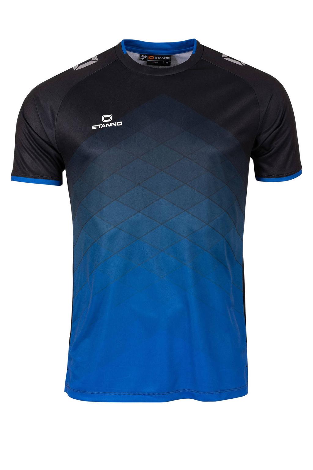 Zwart en blauwe heren Stanno senior voetbalshirt Altius van polyester met logo dessin, korte mouwen en ronde hals