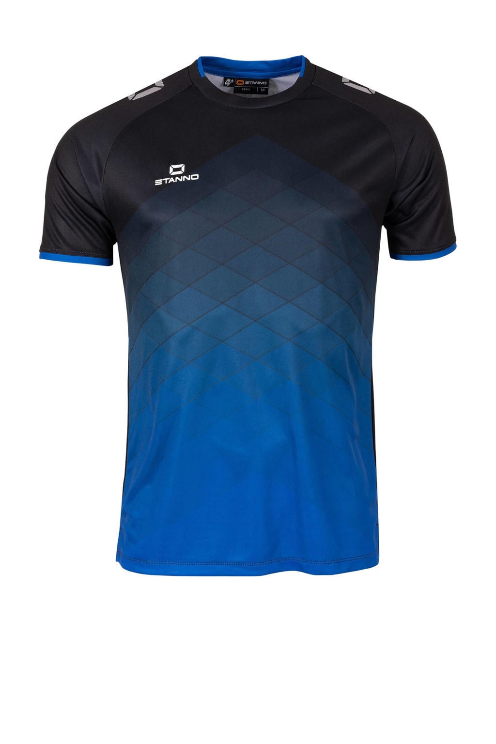 Zwart en blauwe jongens en meisjes Stanno junior voetbalshirt Altius van polyester met korte mouwen en ronde hals
