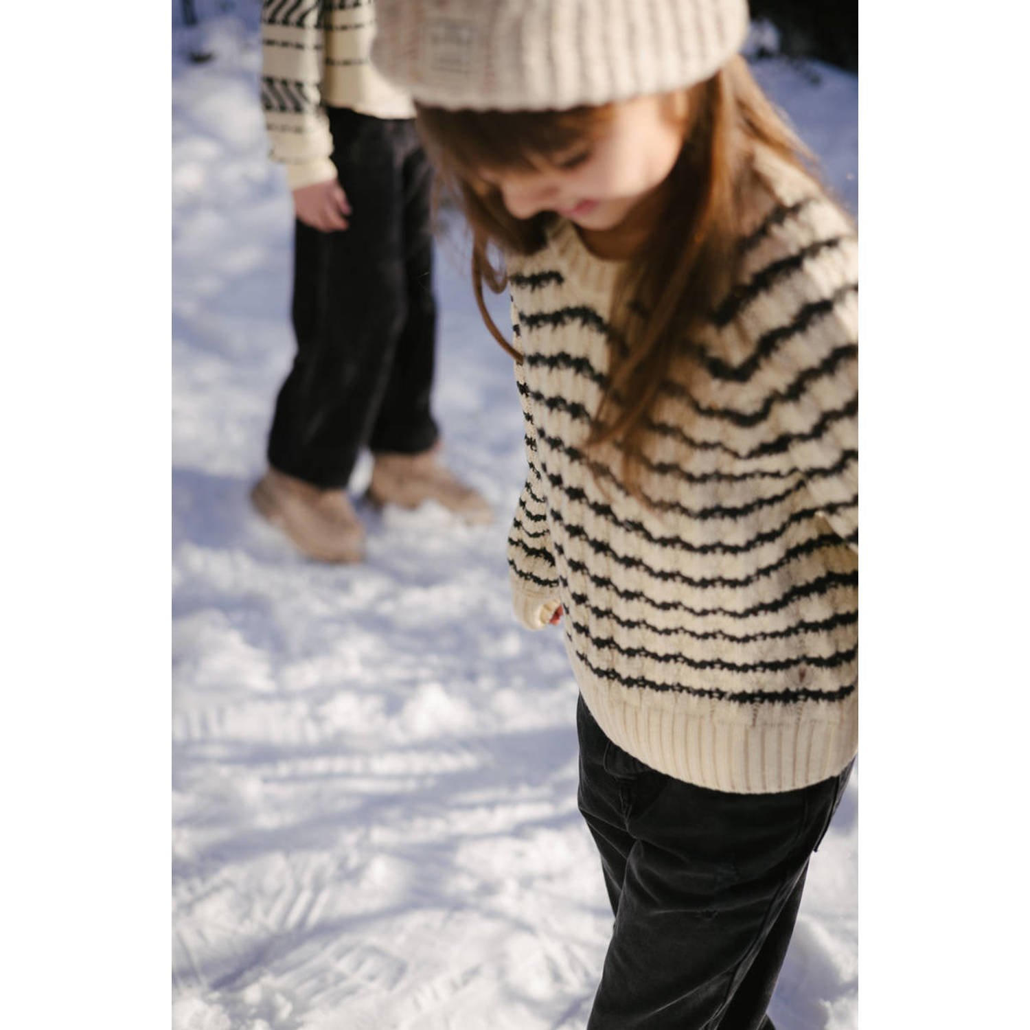 LEVV gestreepte grofgebreide sweater NEBBE ecru zwart