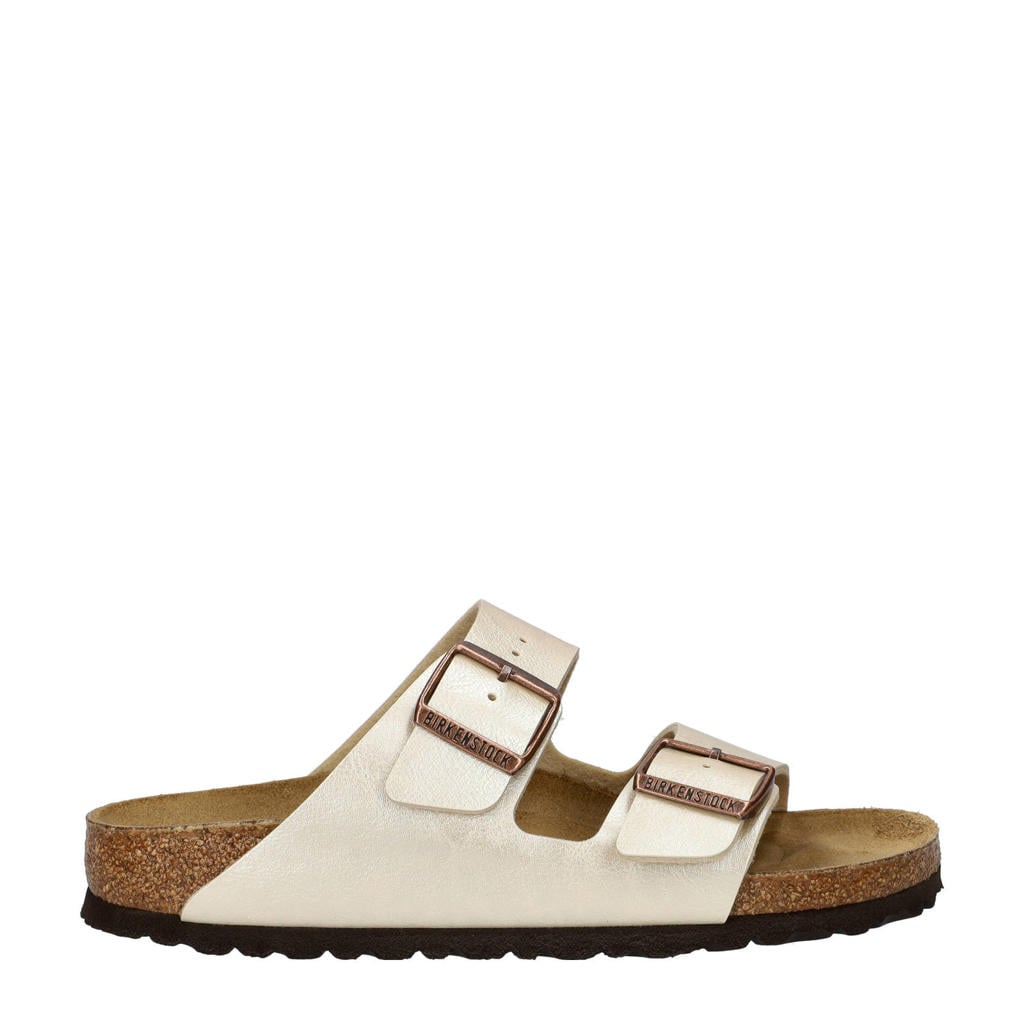 Ecru dames Birkenstock slippers van imitatieleer met gesp