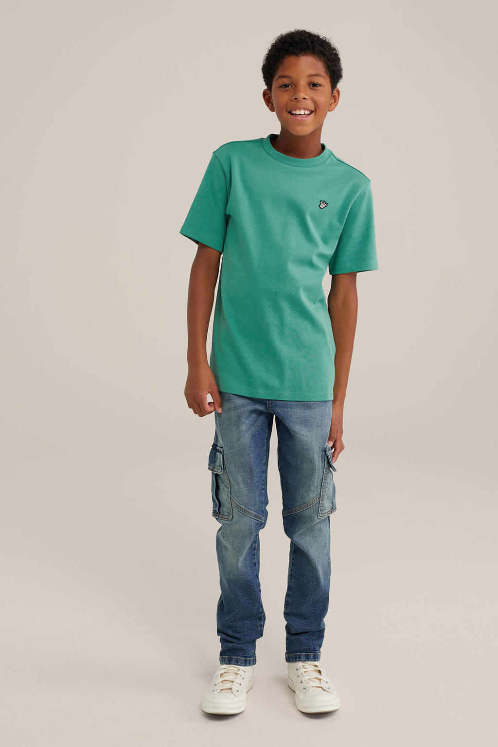 Groene jongens WE Fashion T-shirt van katoen met effen, korte mouwen en ronde hals