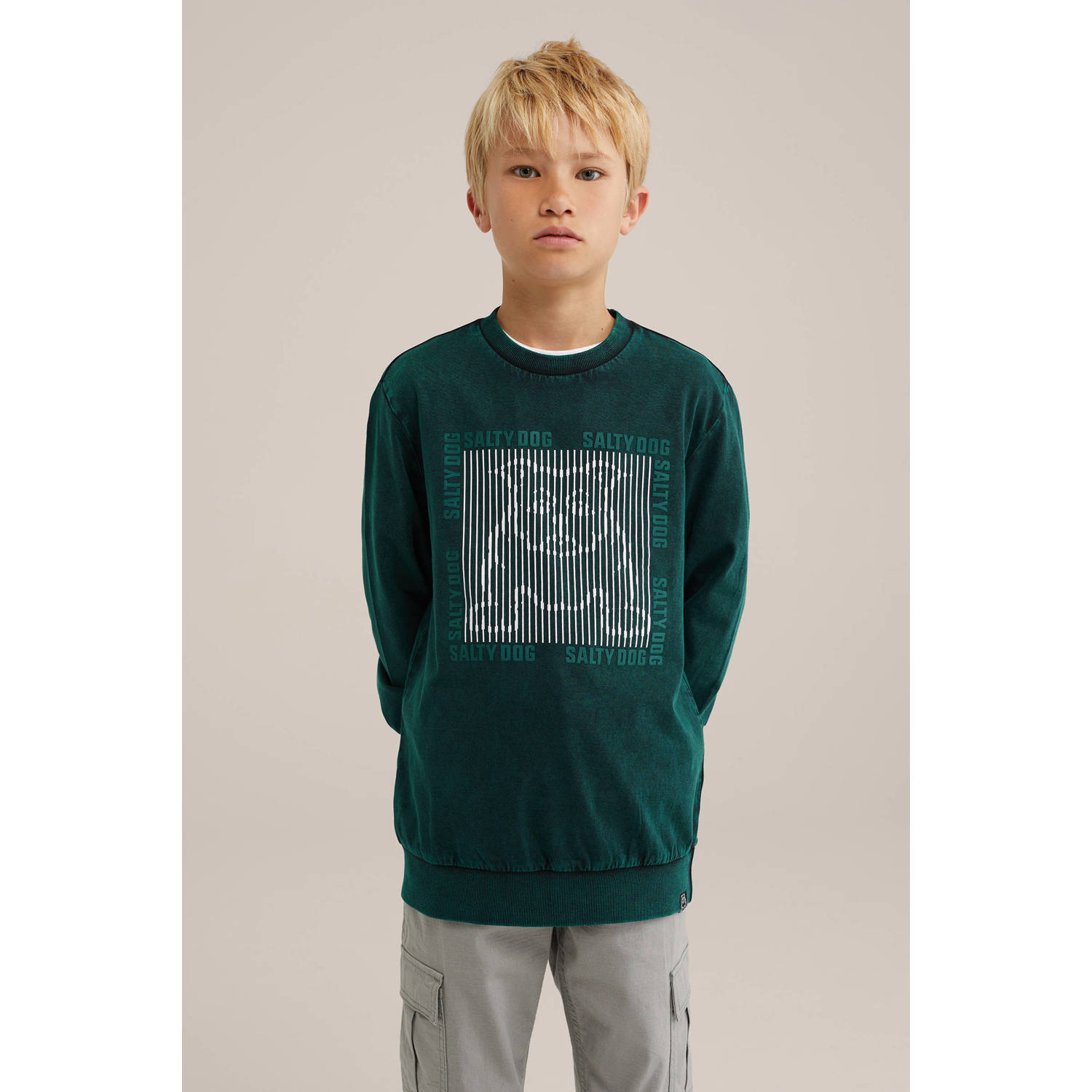WE Fashion longsleeve met printopdruk donkergroen wit Jongens Katoen Ronde hals 122 128