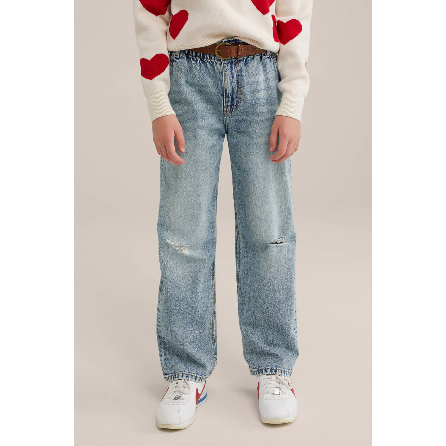 WE Fashion high waist straight fit jeans light blue denim Blauw Effen 158