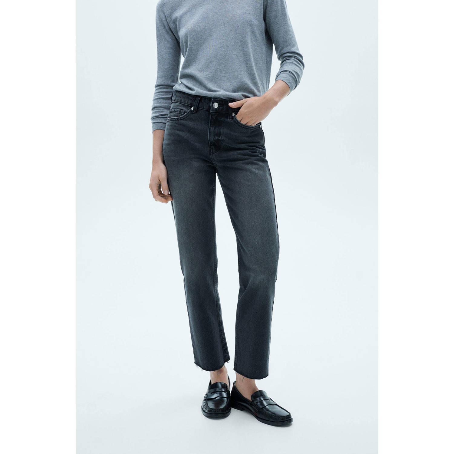 Mango cropped straight leg jeans grey denim