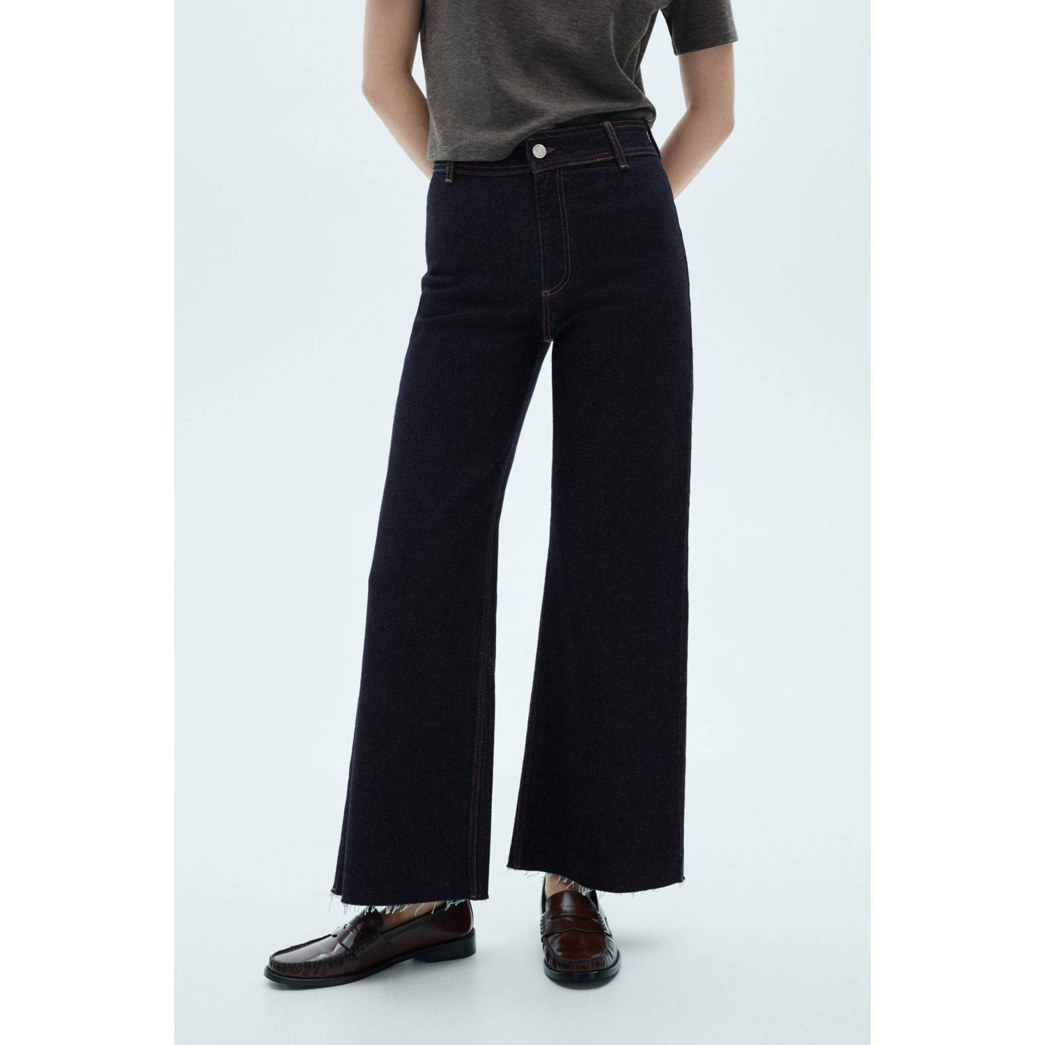 Mango cropped high waist wide leg jeans dark blue denim