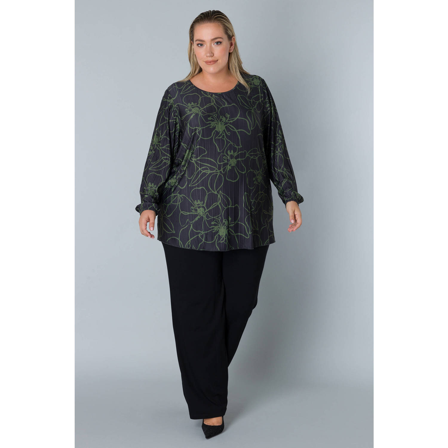 Colletta top met all over print en textuur zwart groen