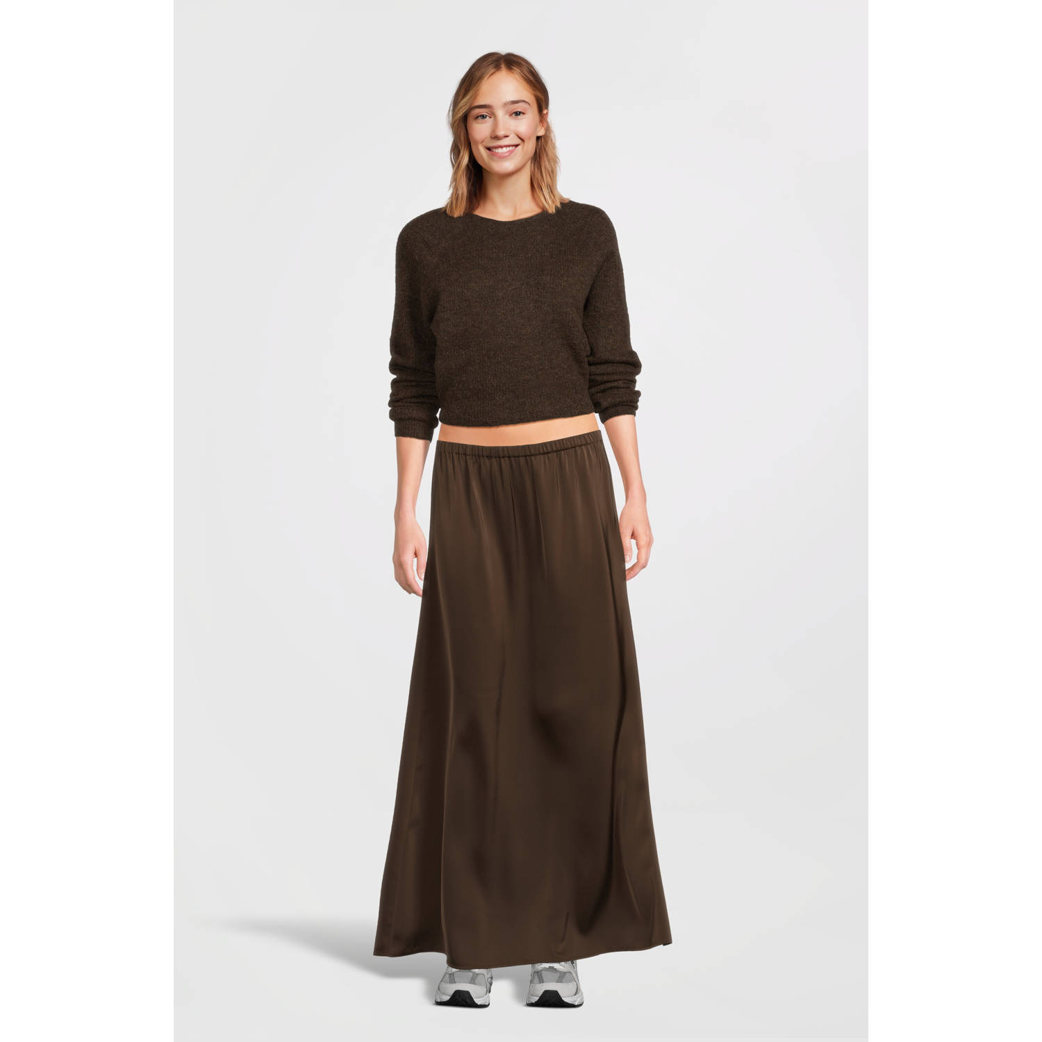 Another-Label satijnen maxi rok donkerbruin