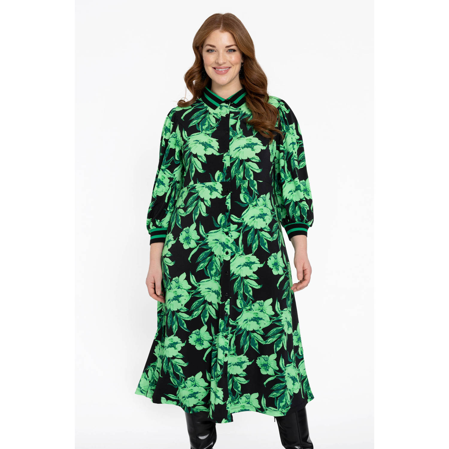 YOEK blousejurk met bladprint zwart groen