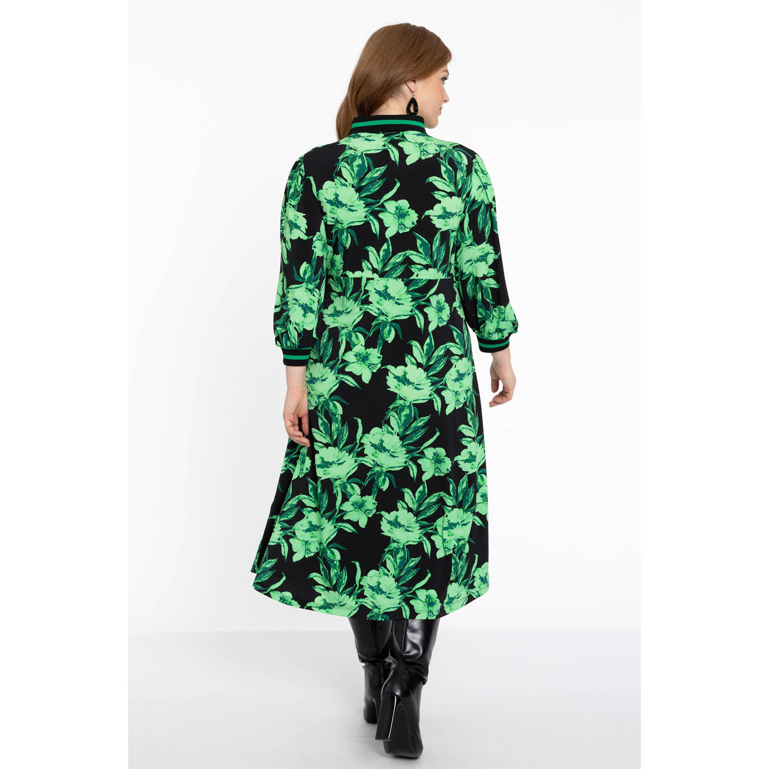 YOEK blousejurk met bladprint zwart groen