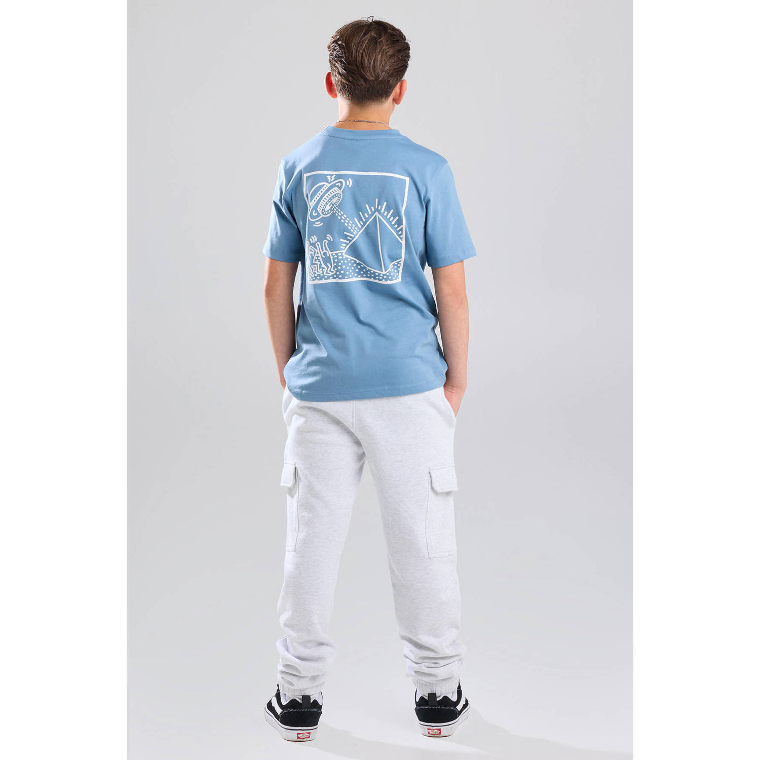 America Today T-shirt met backprint lichtblauw wit