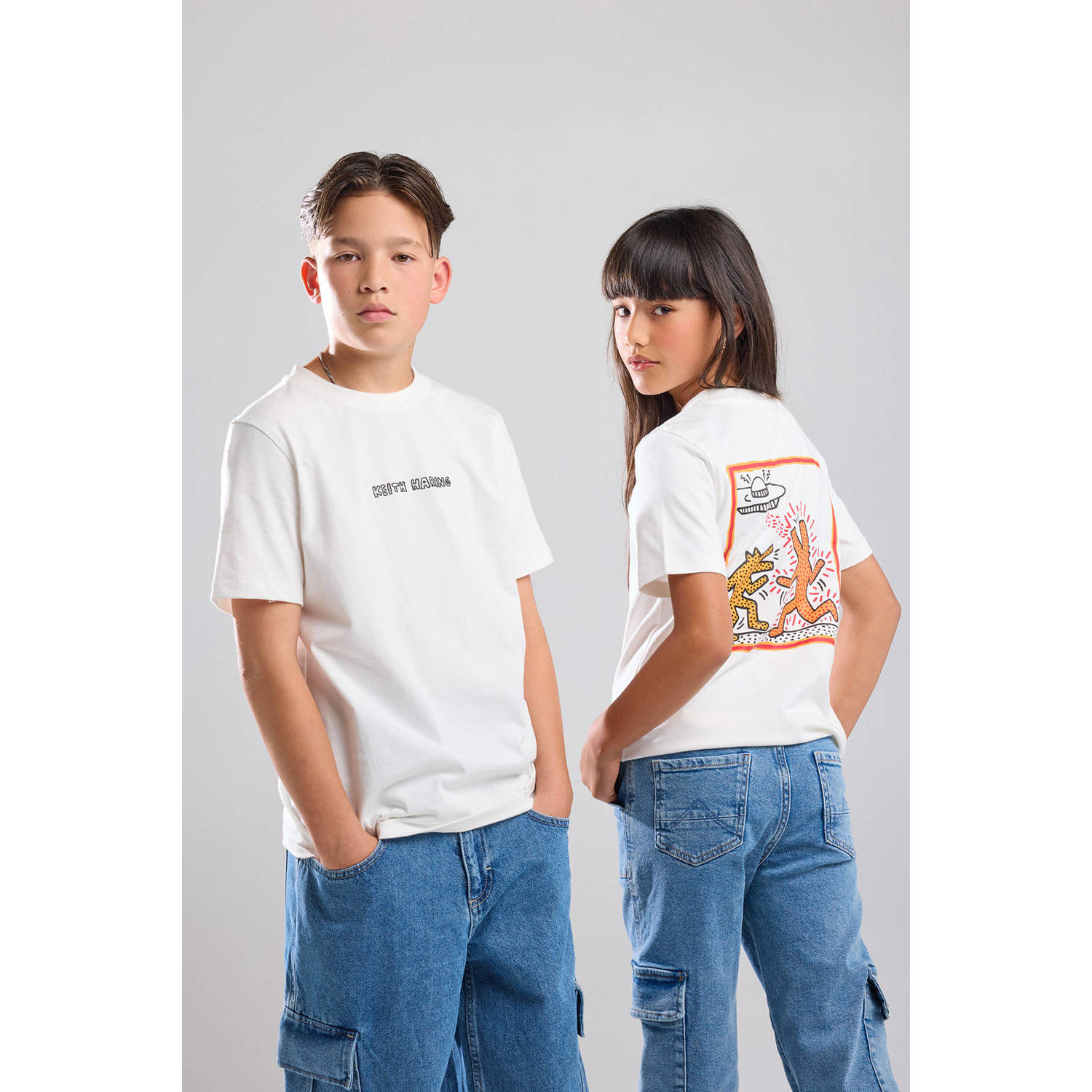 America Today T-shirt met backprint ecru oranje zwart