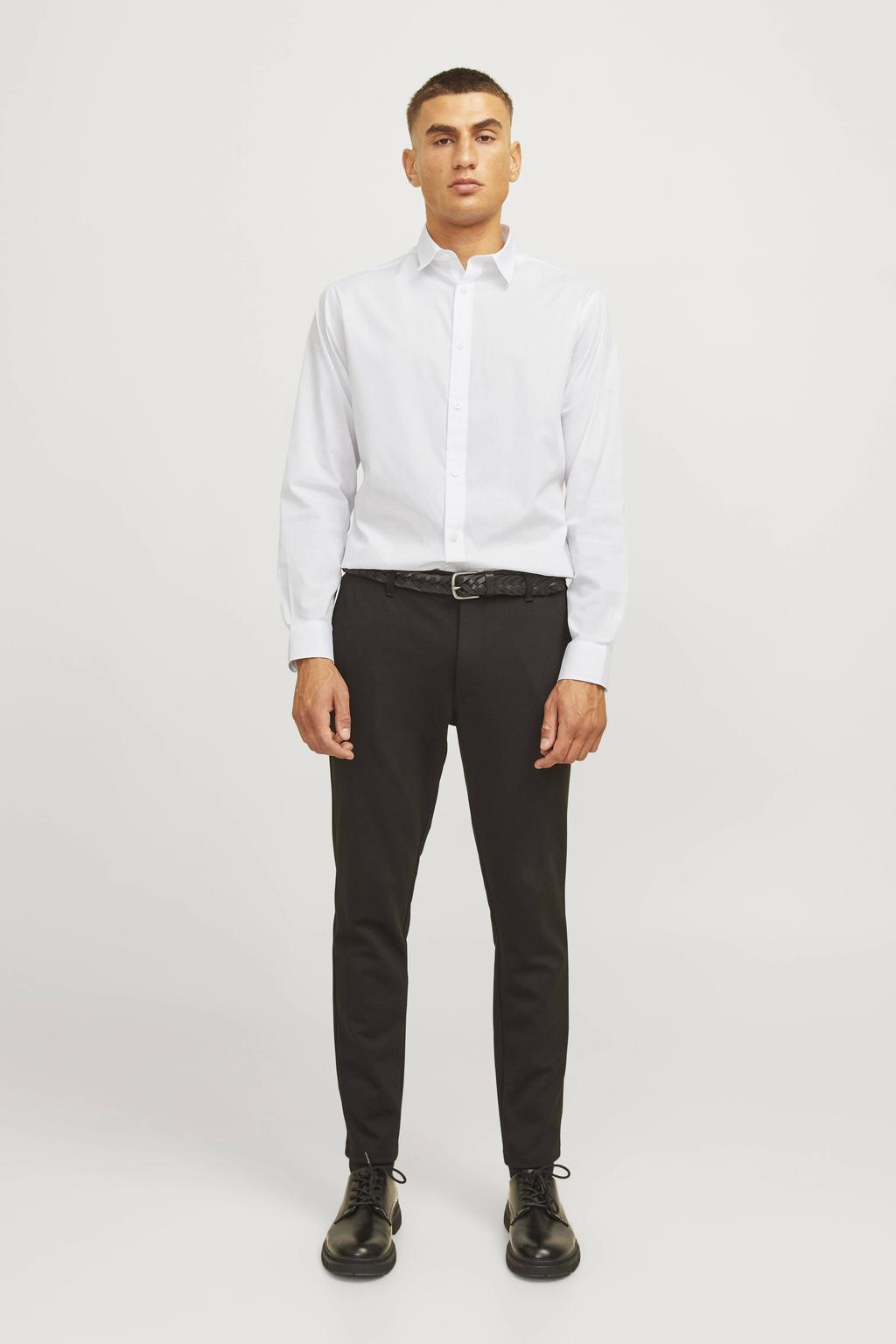 Witte heren JJ REBEL slim fit overhemd van polyester-katoen met effen, lange mouwen, klassieke kraag en geweven detail